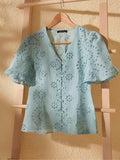 Mint Blue Eyelet Embroidery Puff Sleeve Blouse