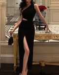 Fashionable black dress with one shoulder and side slit