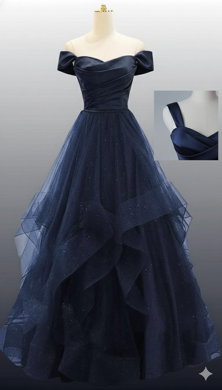 Navy Blue Off-Shoulder Glitter Tulle Ball Gown