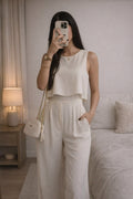 Cream Layered Crop Top & Wide-Leg Pants Co-ord Set