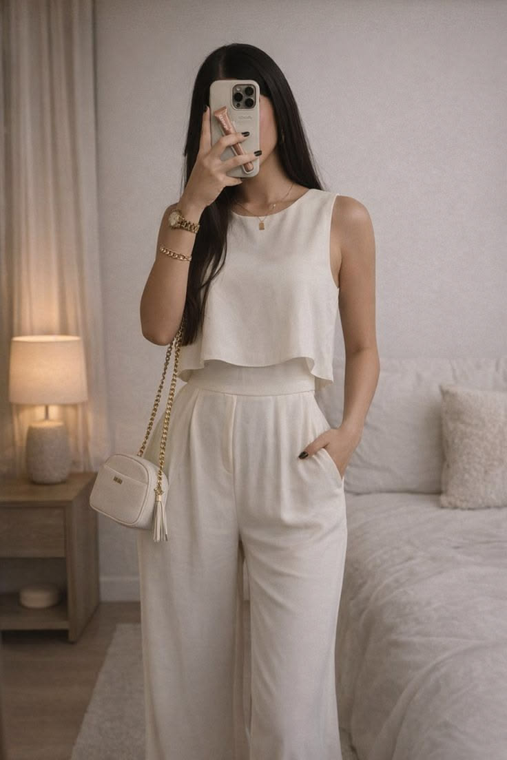Cream Layered Crop Top & Wide-Leg Pants Co-ord Set